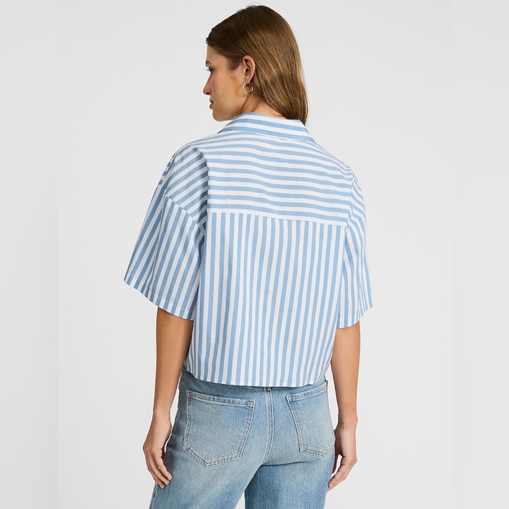 Express Stretch Cotton Poplin Stripped Short Sleeve Cropped Button Down Shirt - Picture 6 of 13